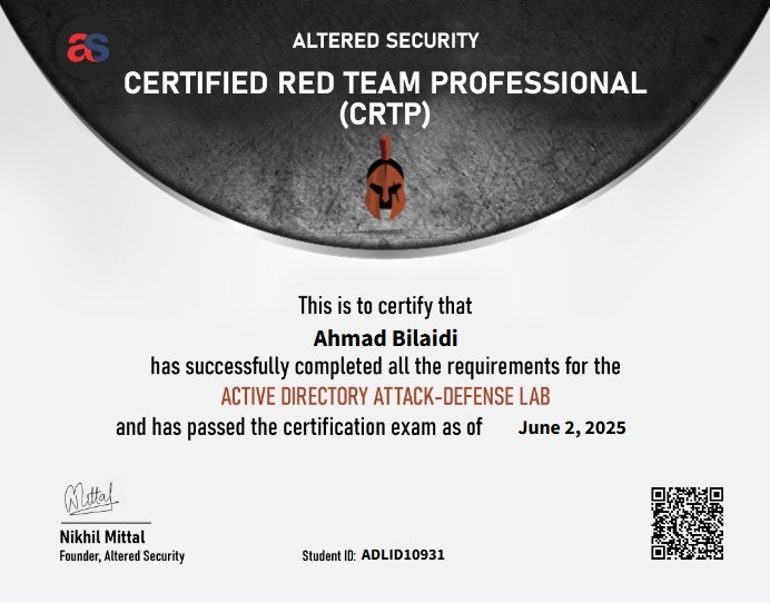 Ahmad Bilaidi (@7_8_z) on Twitter photo الحمدلله حصلت شهادة CRTP
من شركة <a href="/AlteredSecurity/">Altered Security</a>
الاختبار والكورس كانو جدا جميلين ، وبيئة اللابات والاختبار جدا ممتازة.
بلا منازع افضل كورس وشهادة اخذتها لحد الان. الحمدلله حصلت شهادة CRTP
من شركة <a href="/AlteredSecurity/">Altered Security</a>
الاختبار والكورس كانو جدا جميلين ، وبيئة اللابات والاختبار جدا ممتازة.
بلا منازع افضل كورس وشهادة اخذتها لحد الان.