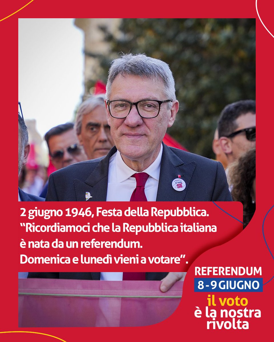 79 anni fa da un referendum nacque la Repubblica Italiana.

I grandi cambiamenti di democrazia e libertà partono tutti da un referendum.

L’8 e 9 giugno fai sentire la tua voce e vieni a votare al #Referendum2025 per i diritti sul lavoro e sulla cittadinanza.