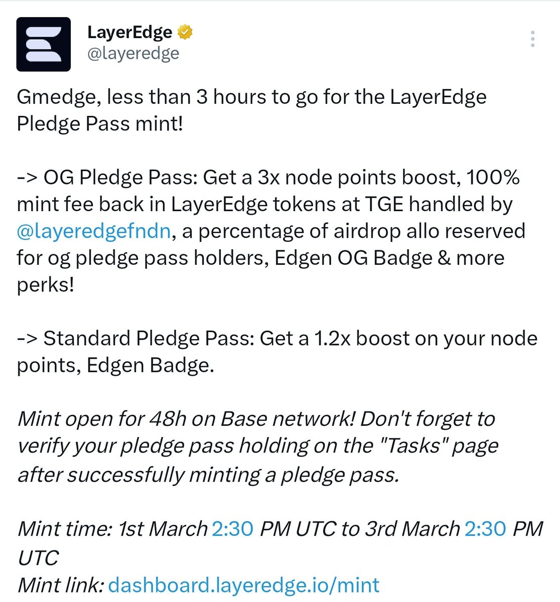 Dear LayerEdge Team <a href="/layeredge/">LayerEdge</a>,

This message comes with disappointment, not hate. Many of us who believed in your project feel genuinely let down.

From day one, you promised that OG Pledge Pass minters would receive 100% of their mint fees back in $EDGEN tokens at TGE. We