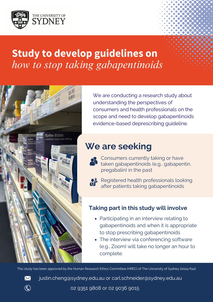 📢 Help us understand the scope and need for  guidelines on stopping gabapentinoids (e.g., gabapentin, pregabalin). 
Seeking: 
🔹 Consumers currently/previously taken gabapentinoids 
🔹 Health professionals caring for these patients
👉 Get involved now!  #Deprescribing #Research