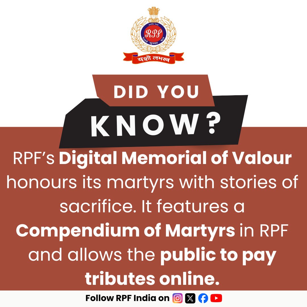 Honouring courage. Preserving sacrifice.

Visit RPF’s Digital Memorial of Valour to pay tribute: digitalmemorialofvalour.in

#ValourLivesOn #DigitalTribute #Martyrs