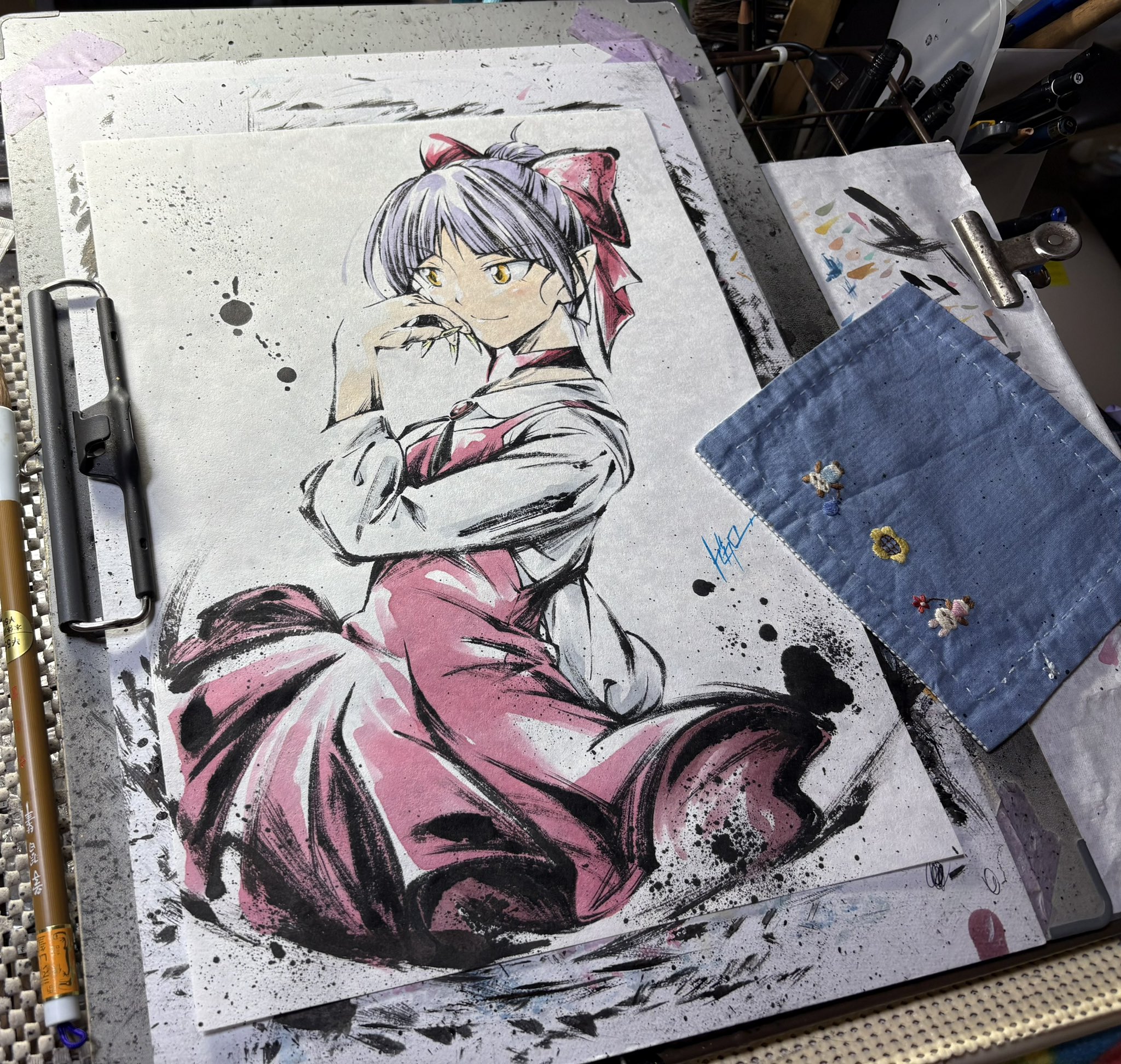 コタロー画伯の絵 「いつでも一緒」 ネコ娘 「#私の愛した歴代ゲゲゲ ゲゲゲの鬼太郎 第3期墨絵「鬼太郎