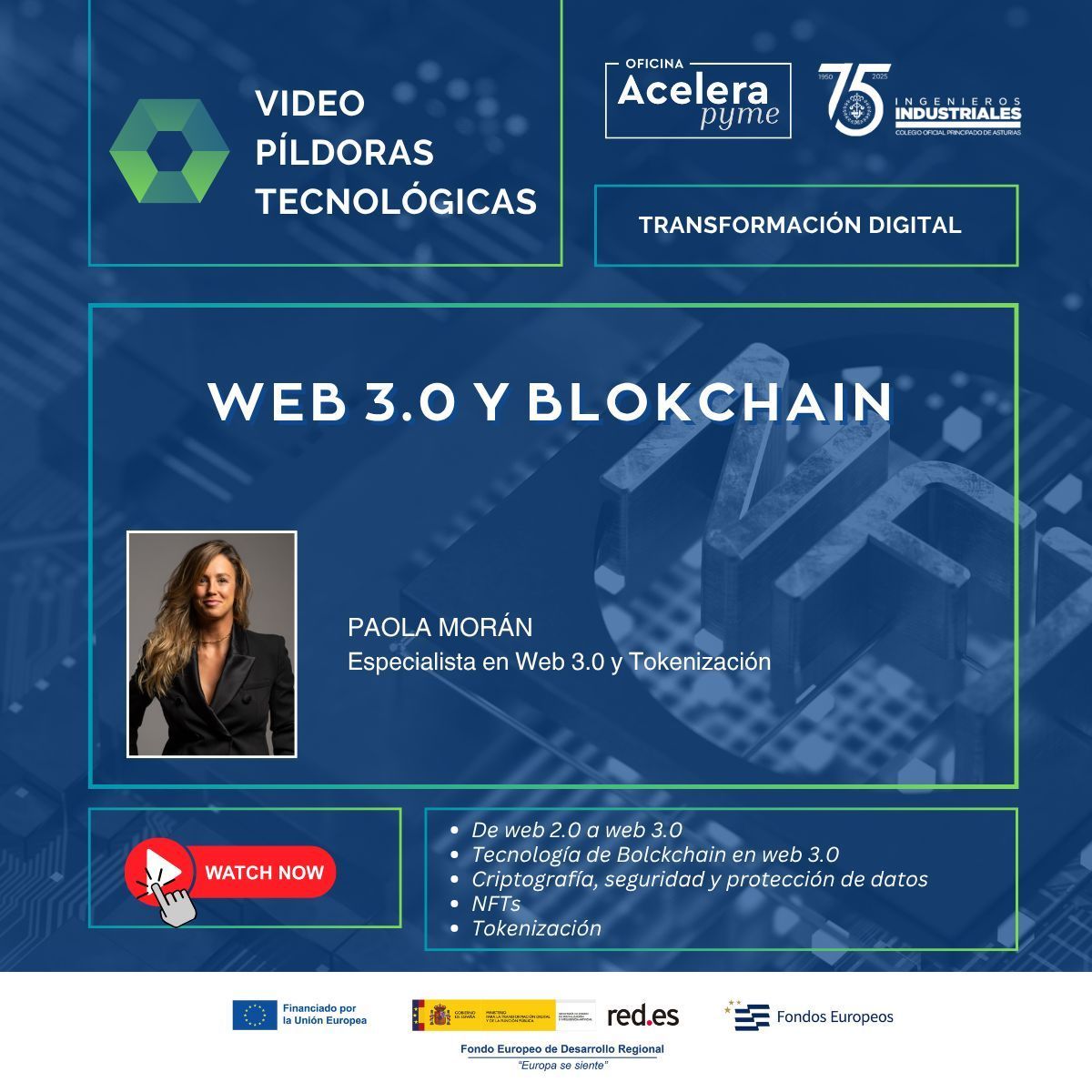 🚀 PíldorasTecnológicas: Web 3.0 y Blockchain para la transformación digital

Hablamos con Paola Morán de conceptos clave que están revolucionando el entorno digital: Web 3.0 | Blockchain | Criptografía | NFTs  | Tokenización

📲 buff.ly/mOA6GiZ 

<a href="/redpuntoes/">Red.es</a> @acelerapyme