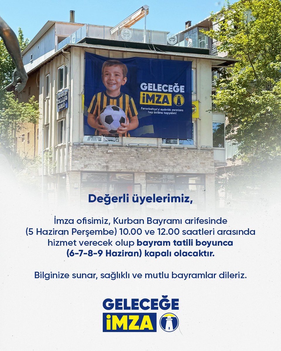 Değerli üyelerimiz,

Kurban Bayramı arifesinde (5 Haziran Perşembe) imza ofisimiz 10.00 ve 12.00 saatleri arasında hizmet verecektir. Bayram tatili boyunca ise (6-7-8-9 Haziran) kapalı olacaktır.

Bilginize sunar, sağlıklı ve mutlu bayramlar dileriz.

#Geleceğeİmza