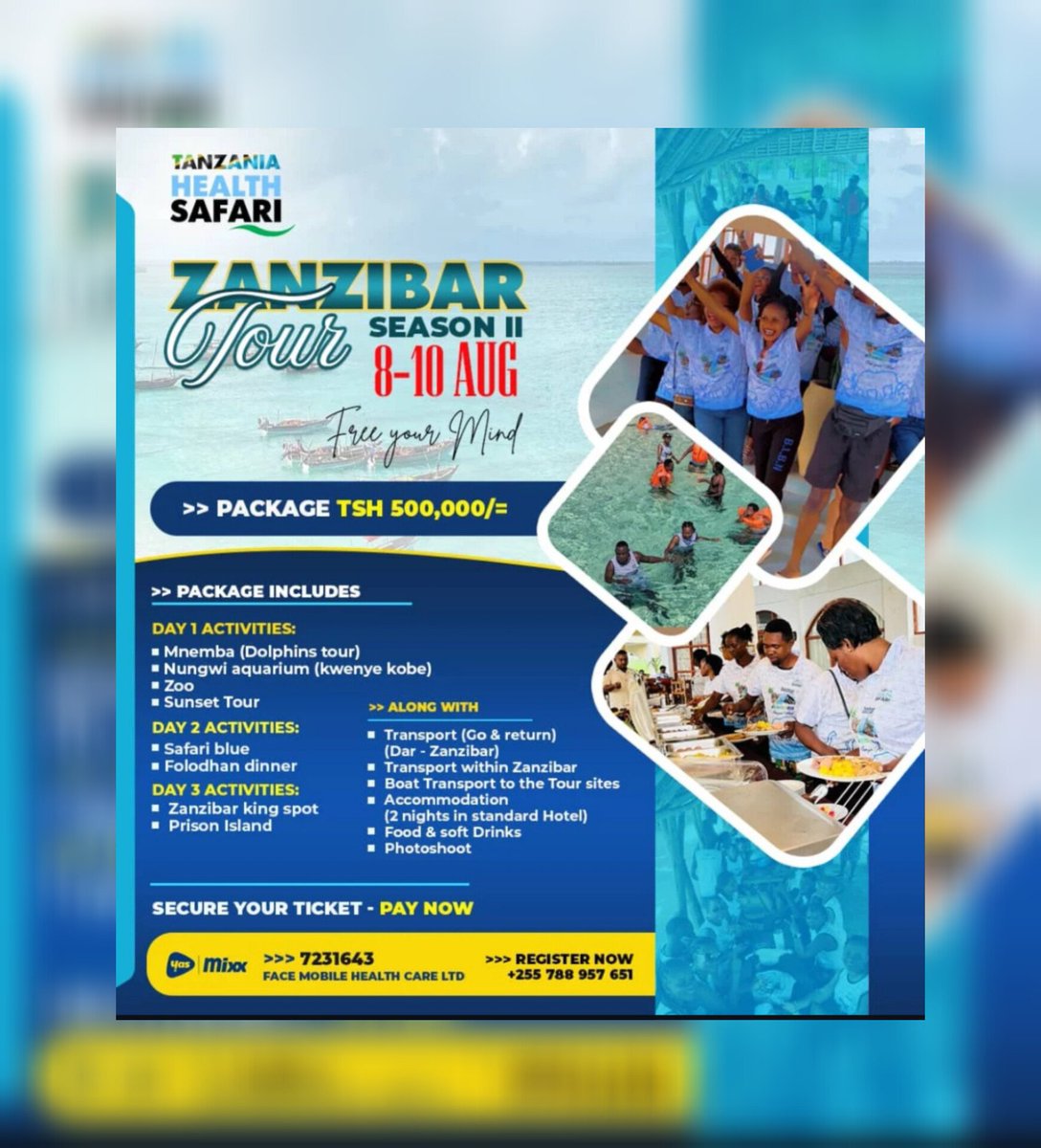 facemobileh's tweet photo. 🚨 TANZANIA HEALTH SAFARI PRESENTS 🚨
ZANZIBAR TOUR – SEASON 1 🌴🌊
📅 August 8–10, 2025
💰 TZS 500,000 only!

3 days of adventure, relaxation &amp; pure vibes. 🇹🇿 https://t.co/rHmpF87T3L