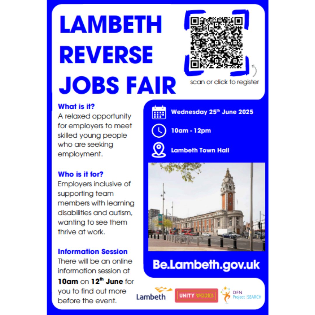 Looking to build a more inclusive workforce?

Meet talented young people ready to work at the Lambeth Reverse Jobs Fair!

📅 June 25 | 🕙 10am–12pm | 📍 Lambeth Town Hall

Let inclusion lead your hiring strategy.

🔗 Register: brnw.ch/21wT5xi