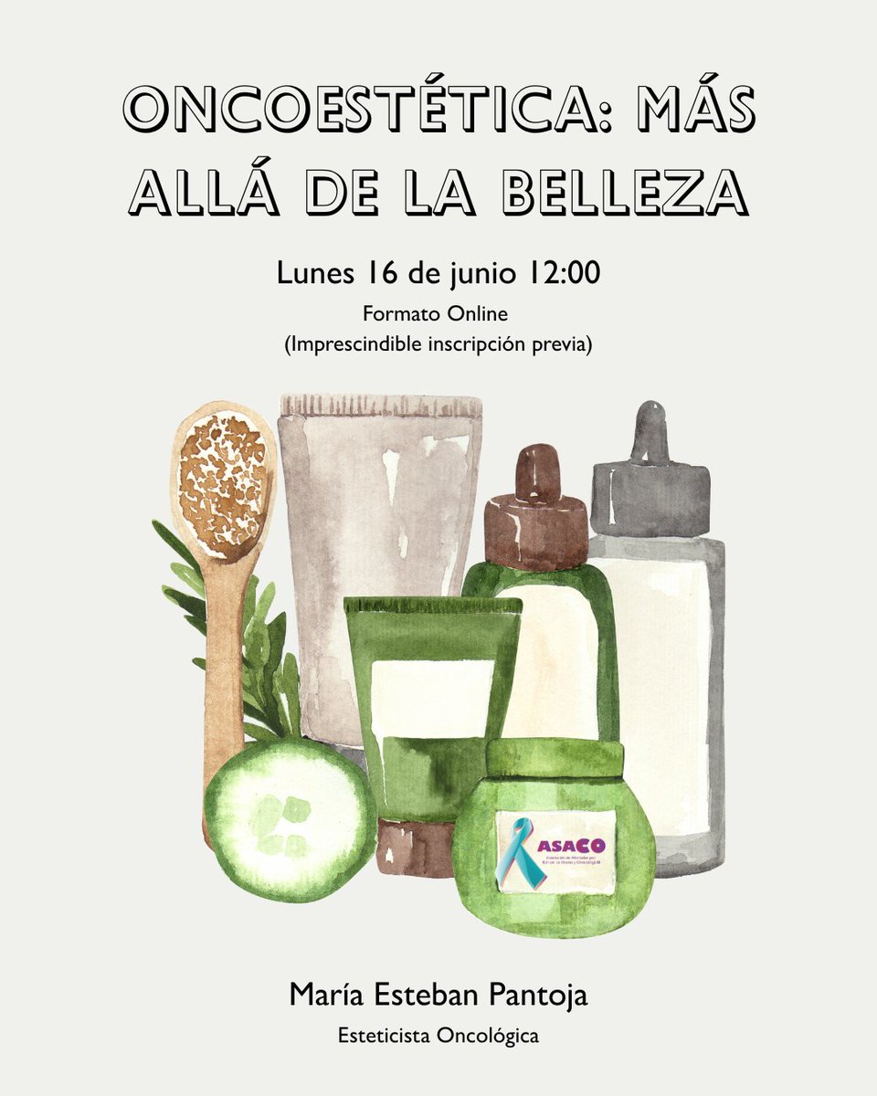 💚 ¿Sabes qué es la oncoestética?

El lunes 16 de junio a las 12:00h hablaremos sobre su impacto en el bienestar durante un proceso oncológico.

🧴 Con María Esteban Pantoja, esteticista oncológica.
💻 Formato online
🔗 Inscripción: forms.gle/jYLH2yBKp8LqqM…