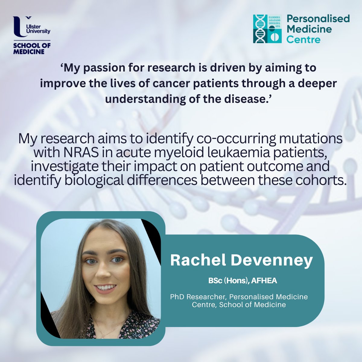 Personalised Medicine Centre (@personalmedni) on Twitter photo .<a href="/PersonalMedNI/">Personalised Medicine Centre</a> Introducing Dr <a href="/DevenneyRachel/">Rachel Devenney</a> who recently passed her PhD Viva 🥳 Massive Congratulations!
Rachel works in the field of #AcuteMyeloidLeukaemia, #BloodCancer 🩸
You can keep up to date with Rachel’s research here:
📢 pure.ulster.ac.uk/en/persons/rac… .<a href="/PersonalMedNI/">Personalised Medicine Centre</a> Introducing Dr <a href="/DevenneyRachel/">Rachel Devenney</a> who recently passed her PhD Viva 🥳 Massive Congratulations!
Rachel works in the field of #AcuteMyeloidLeukaemia, #BloodCancer 🩸
You can keep up to date with Rachel’s research here:
📢 pure.ulster.ac.uk/en/persons/rac…