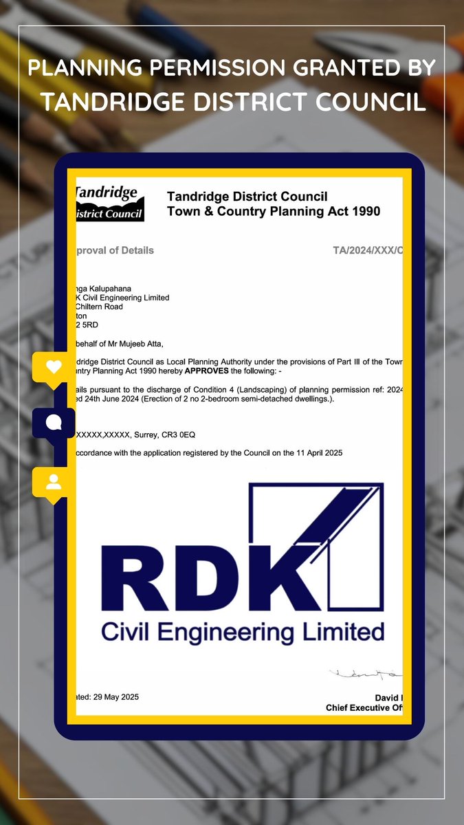 Success in Tandridge! ✅ RDK Civil Engineering Limited is delighted to announce planning permission has been GRANTED by Tandridge District Council #TandridgePlanning #PlanningSuccess #RDKCivilEngineering #NewHomes #SurreyProperty