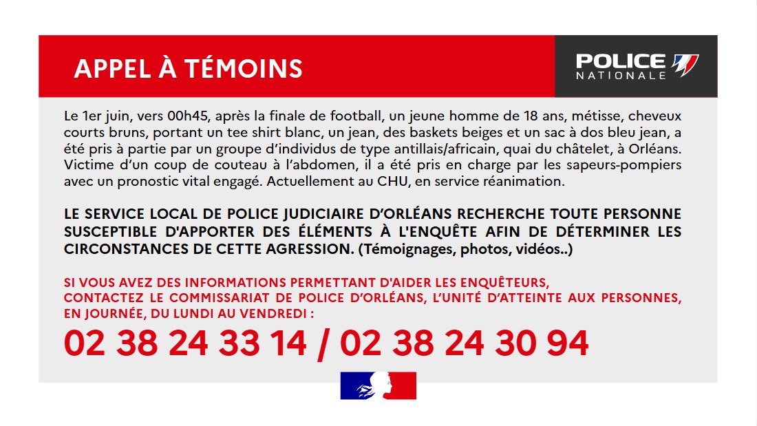 #AppelÀTémoin | La #police du Loiret recherche des témoins de deux agressions sur un jeune, dans la nuit de samedi à dimanche dernier, à #Orléans, un coup de poing à la gorge puis un coup de couteau quai du châtelet. 
➡️ Contactez les numéros indiqués. 
➡️ Merci de partager.