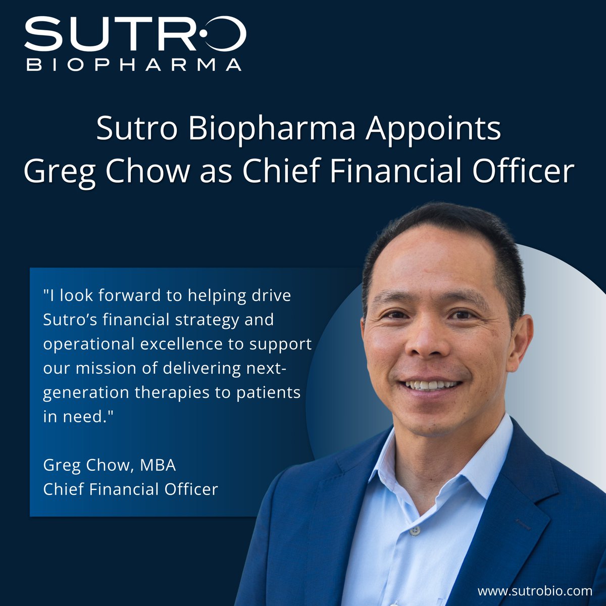 Sutro Biopharma Appoints Greg Chow as Chief Financial Officer. For more info, ir.sutrobio.com/news-events/ne…

#SutroBio $STRO #CancerTherapeutics #CancerResearch