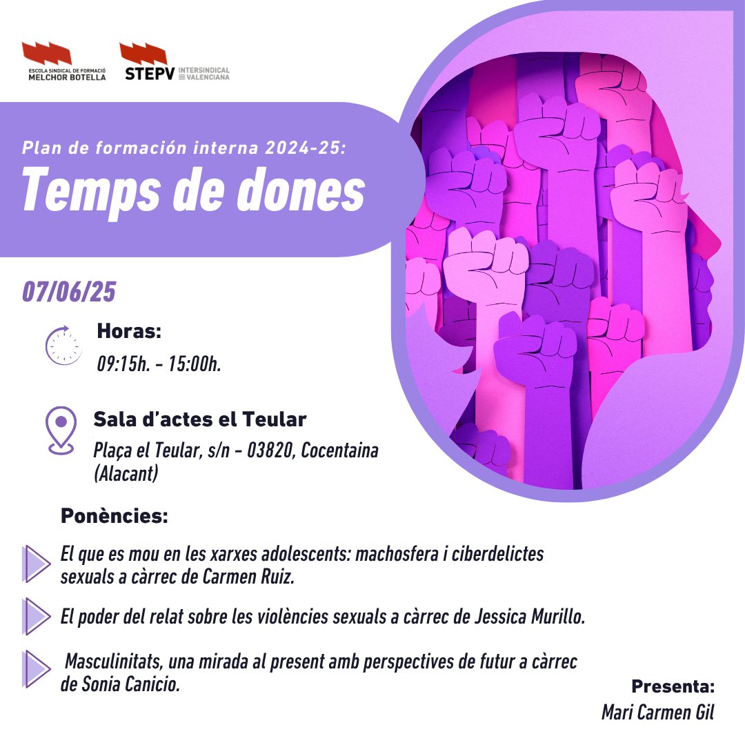 💜 Temps de dones
📍 Cocentaina, Sala El Teular
🗓 07/06/25, 09:15–15:00h

Una jornada per reflexionar i avançar en #igualtat.
🔗 Inscripció: forms.gle/CCM3HZCa9qPPKb…
#TempsDeDones #Igualtat #Cocentaina