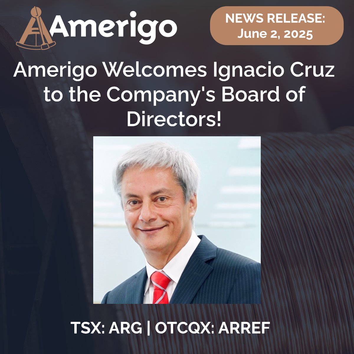 <a href="/AmerigoRes/">Amerigo</a> 
$ARG $AAREF is pleased to announce the appointment of Ignacio Cruz to Amerigo's Board of Directors.
Read the full release here:
loom.ly/iC0YoNk

#WealthBuilding #dividends #copper #growthstocks #stockinvesting #PassiveIncome #mining