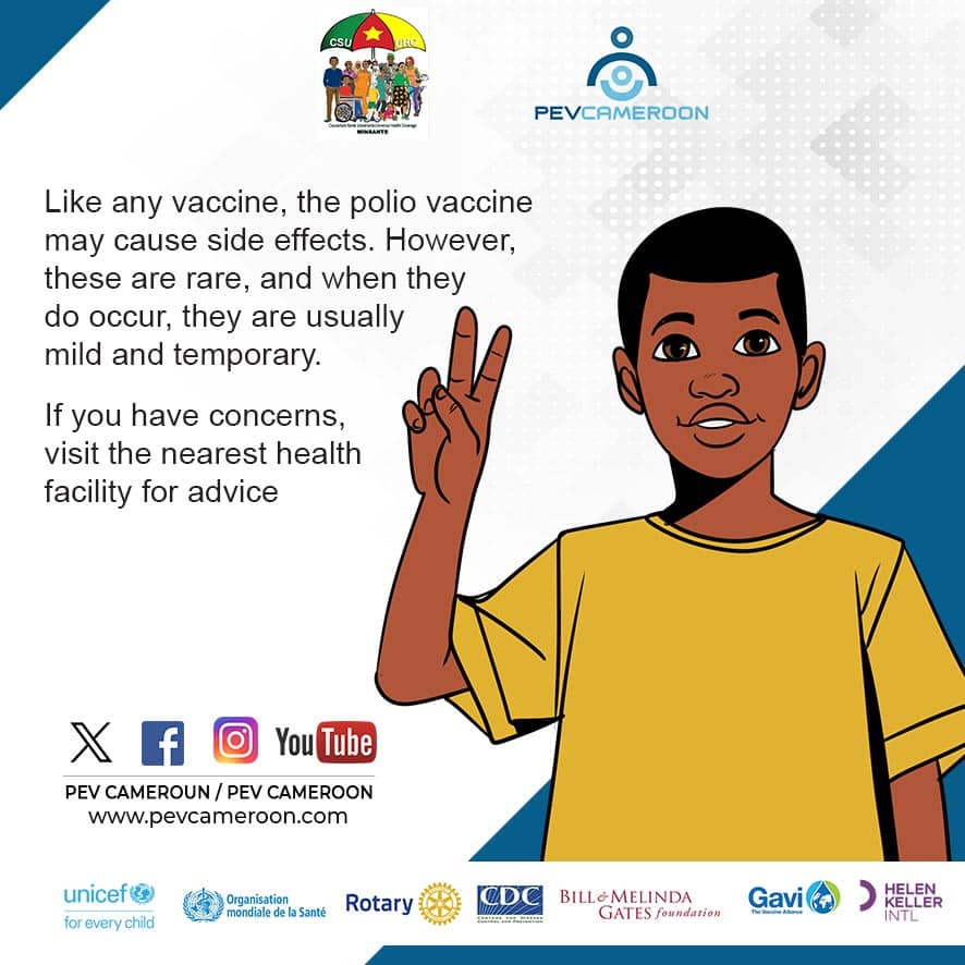 FrankpNamekong's tweet image. Le pourcentage de ces effets est trop petit même.

Si vos enfants n&apos;ont pas été vaccinés ce week-end, il faut le faire dans un centre de santé le plus proche de vous.

#TendanceActu #SasnimJnv25 #CoreTeamPolio2 #PolioOverT2
#PEVCameroun