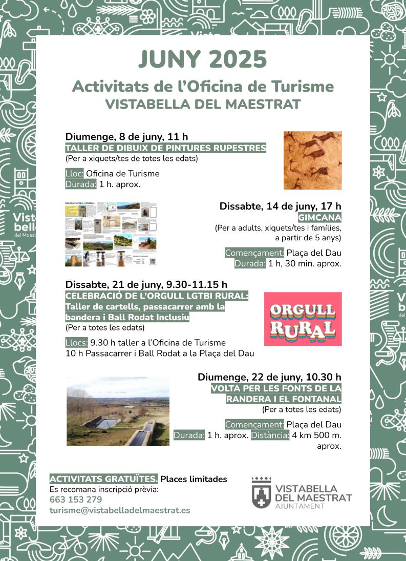 🤩 Per al mes de juny, l'Oficina de Turisme de Vistabella del Maestrat ha planificat diverses activitats d'oci per a tots els públics!

🎨 Taller de dibuix, gimcana,❗️ la celebració de l'orgull LGTBI o una nova excursióformen part de l'agenda 

🔎 Tota la informació al cartell!