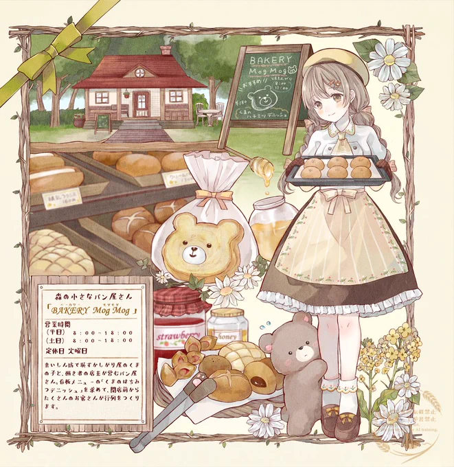 昨年出した森のお店本の絵 食いしん坊くまの子とパン屋の女の子 #創作 #イラスト