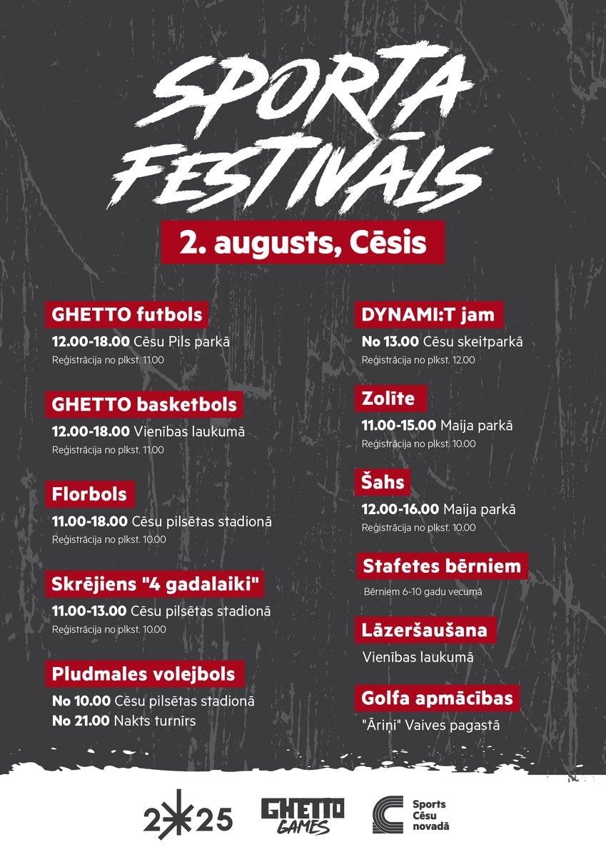 Sporta prieks visai ģimenei – 2. augustā, Cēsīs! 🏃  

Svinēsim vasaru ar dažādām aktivitātēm un sporta notikumiem ikvienam. No futbola līdz šaham, no skeitparka līdz golfa laukam – pirmais Cēsu novada sporta festivāls. 

👉 Vairāk: cesis.lv/lv/novads/aktu…