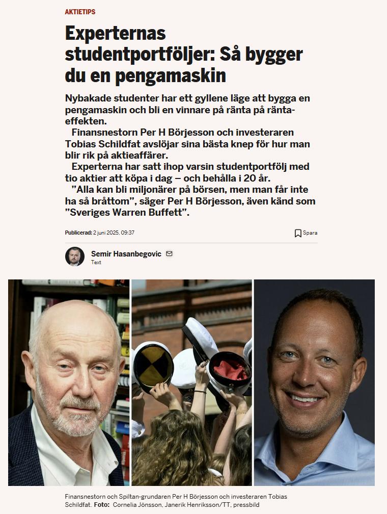 Om ni känner studenter får ni bra sparråd till dem på di.se (betalvägg). Köp och behåll svenska investmentbolag, spara 10 % mm