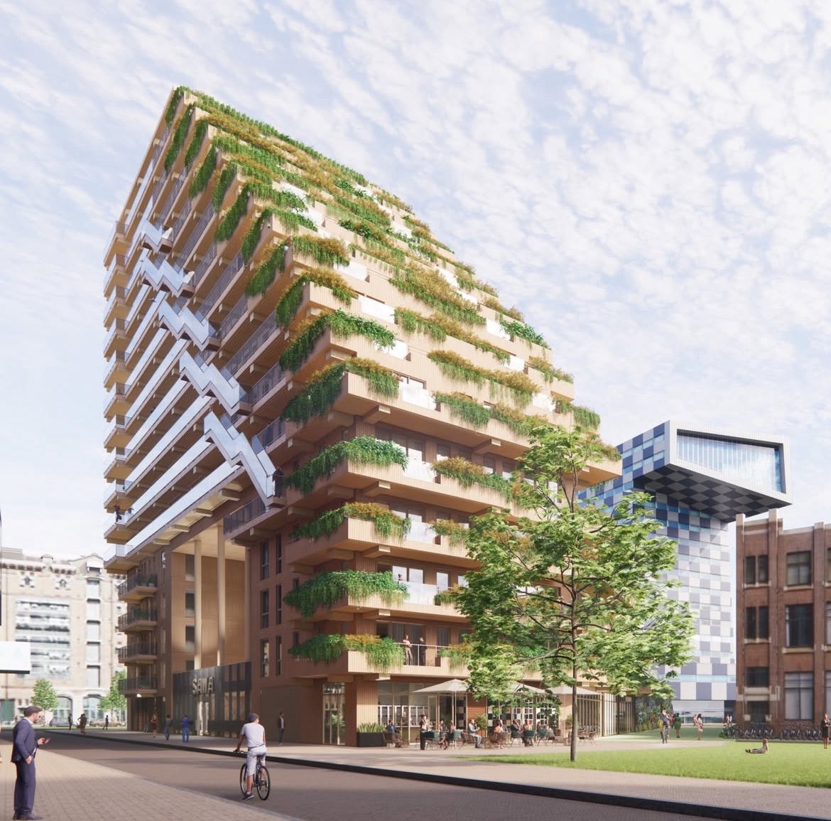 Under construction in Rotterdam - 50m high stepped apartments, built from mass timber

By Mei Architects