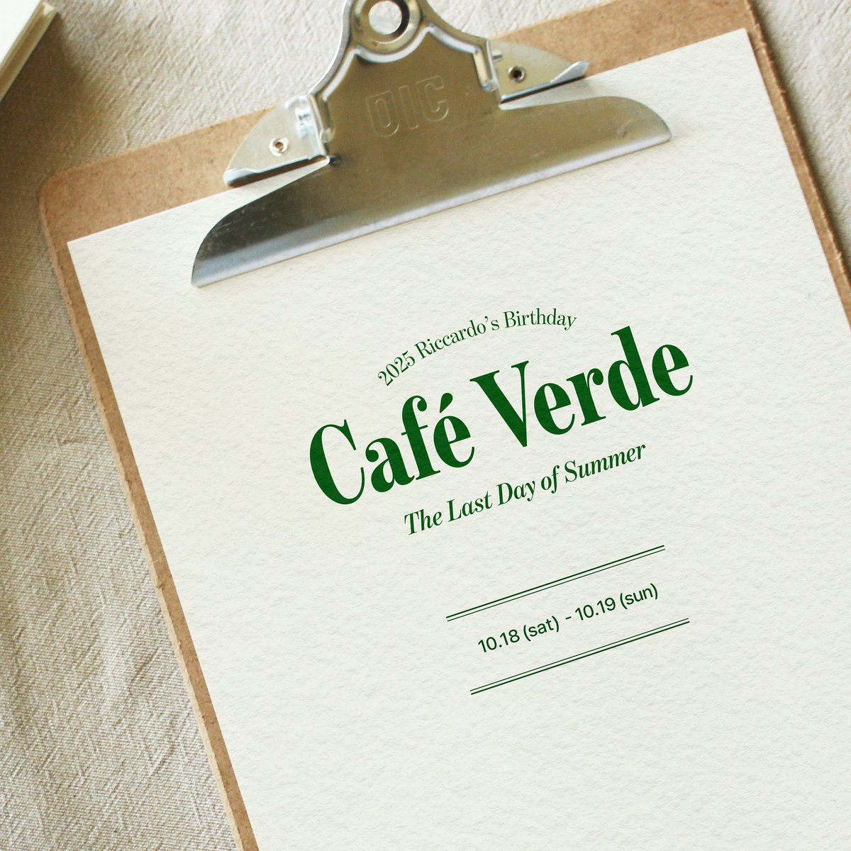 •────⋅☾ 𝐂𝐚𝐟𝐞 𝐕𝐞𝐫𝐝𝐞 ☽⋅────•

𝟮𝟬𝟮𝟱 리카르도 소르디 생일카페

‣ 𝟮𝟬𝟮𝟱.𝟭𝟬.𝟭𝟴 — 𝟮𝟬𝟮𝟱.𝟭𝟬.𝟭𝟵 
‣ 서울 홍대