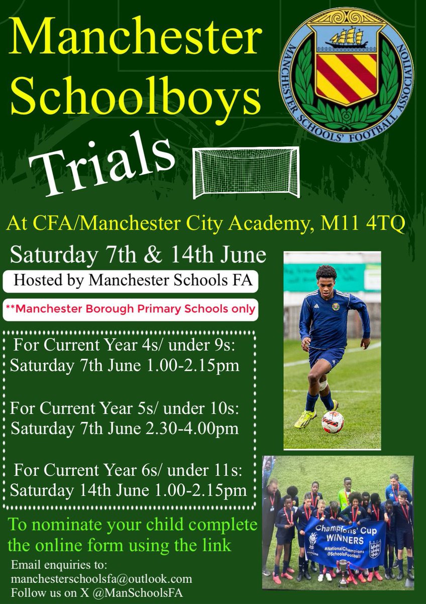 Manchester Schoolboys representative trials are Saturday 7th June (Years 4&amp;5) 
&amp; Saturday 14th June (Years 6&amp;7) 
@ City Football Academy (details below)

You can self nominate your child if you feel they have the potential by using the link below 

docs.google.com/forms/d/e/1FAI…
