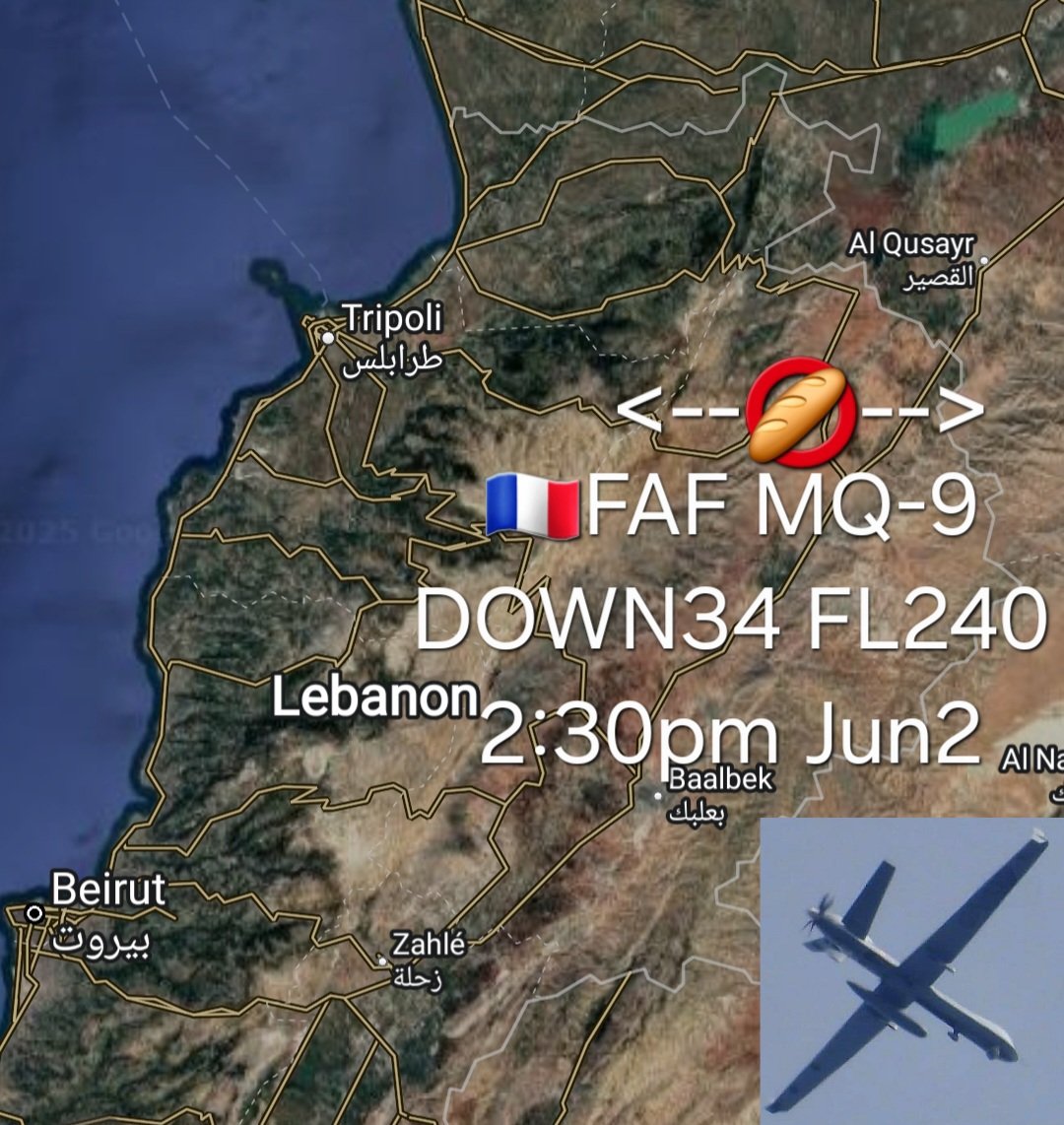 LebanonJets's tweet photo. #DOWN34 FrenchAirForce MQ-9 2:30pm position update in north Lebanon above Hermel area still at FL240 (24,000ft) https://t.co/qHJ66CDLh2