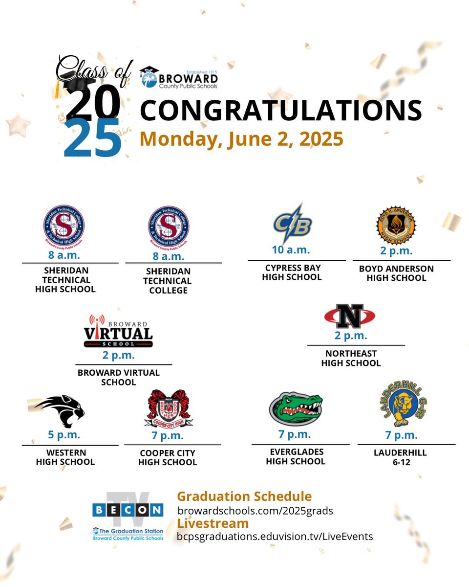 Graduation ceremonies continue Monday, June 2, for several Broward County public schools.
🎓 Participating schools and ceremony times are listed in the graphic.

📺 Watch live: bcpsgraduations.eduvision.tv/LiveEvents
📅 Full schedule: browardschools.com/2025grads