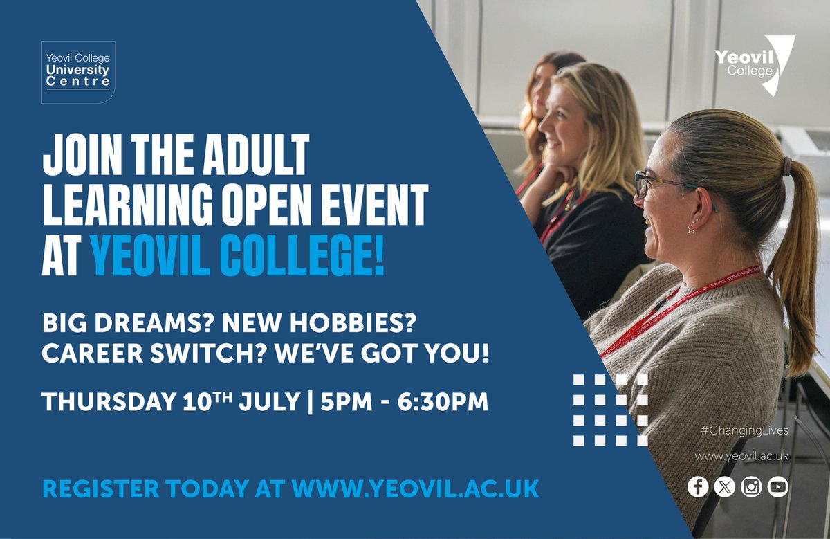 Yeovil College’s Adult Learning Open Event is Thursday 10th July 5–6:30pm. 📅

Discover Degree-level Qualifications, Online Courses, Higher Education, Professional Training, Leisure, and Adult Apprenticeships.🤩

Apply now at yeovil.ac.uk 📲

#ChangingLives
