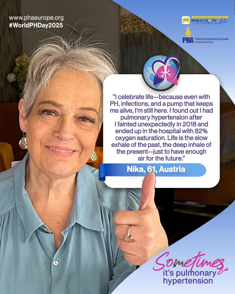 EuropePHA's tweet photo. 📣 #SometimesItsPH🦓
Nika was diagnosed with diabetes, Hashimoto’s, and asthma in the 1990s. In 2018, she fainted—her oxygen dropped to 82%. The diagnosis: idiopathic pulmonary arterial hypertension. With oral therapy, she managed well until 2022, when COVID hit. ⤵️ https://t.co/wrwspl5jhW