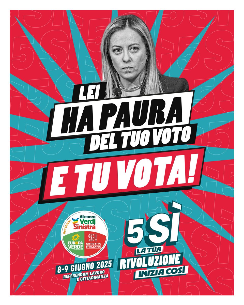 #Meloni si unisce ai sabotatori del #referendum2025,  hanno paura del nostro voto. Diamo potere alla democrazia votiamo:

Per difendere il lavoro e mettere fine alla precarietà.
Per proteggere la vita di chi lavora e tutelare gli stipendi.
Per riconoscere diritti e dignità a chi
