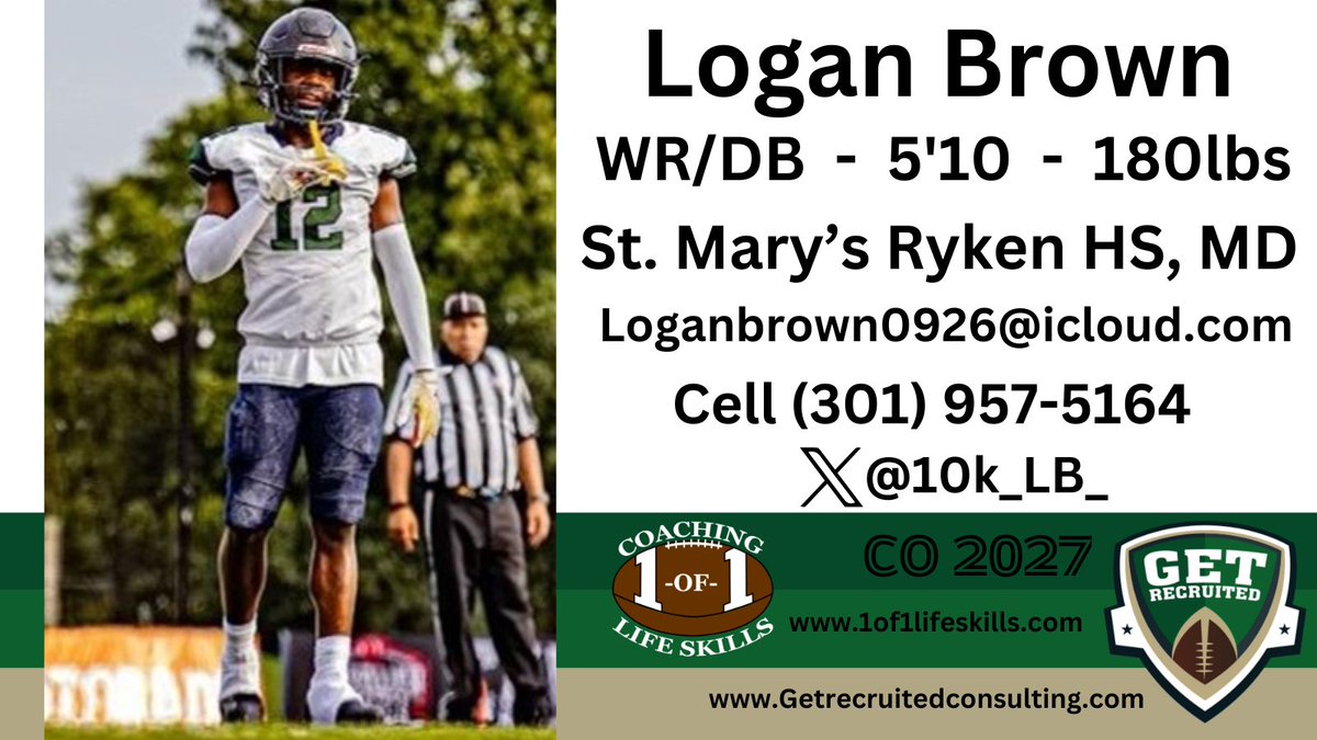Logan Brown - CO 2027 - WR/DB - 5'10, 180lbs - 4.06 GPA - Athletic, explosive, fast, and smart. St. Mary's Ryken HS, MD. Info: x.com/10k_LB_ <a href="/10k_LB_/">LoganBrown</a> @1of1lifeskills <a href="/WKUFootball/">WKU Football</a> <a href="/JaxStateFB/">Jax State Football</a> <a href="/LibertyFootball/">Liberty Football</a> <a href="/FIUFootball/">FIU Football</a> <a href="/kennesawstfb/">Kennesaw State Football</a> <a href="/HerdFB/">Marshall Football</a> <a href="/ODUFootball/">ODU Football</a>