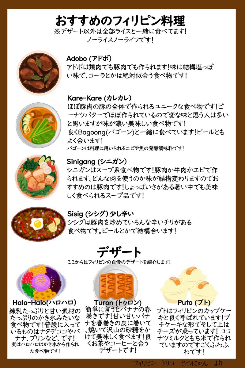 実は手紙と一緒に送りたかったが今送ったら絶対に間に合わないのでこちらで載せます！

りこちや #AveMujica の皆さんに食べて欲しいフィリピン料理のおすすめのいくつかです！

フィリピンで沢山の美味しい食べ物を食べて、沢山の綺麗な景色を見れますように🥰

＃りこのトリコ
#MottoRico