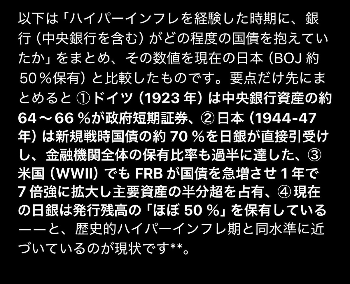あと、あまり話題に上がらないけど、ハイパーインフレとして「国債の中央銀行保有割合」てのも注目に値する。

日銀しか買わない国債なんて価値ないから。

今は日銀は国債保有比率が50%です。

1100兆円の借金のうち、550兆円が日銀保有なんです。

これが55-65%、遅くとも70%になったら破綻します。