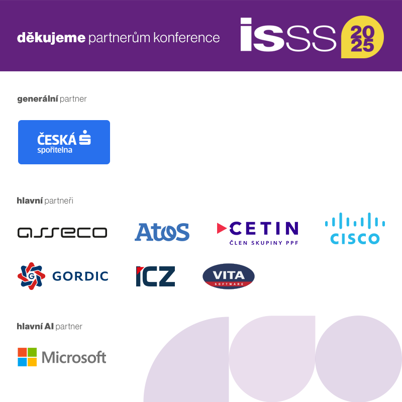 Chtěli bychom poděkovat generálnímu partnerovi Česká spořitelna, hlavnímu AI partnerovi společnosti Microsoft CZ a hlavním partnerům společnostem Asseco Central Europe, Atos Czech Republic, CETIN, Cisco, GORDIC, Skupina ICZ a VITA.