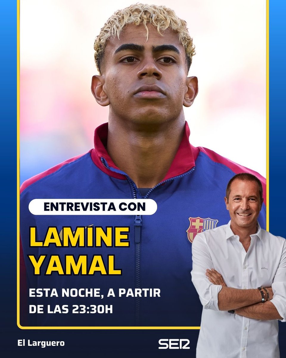 El Larguero (@ellarguero) on Twitter photo 🚨‼️ Lamine Yamal estará esta noche en #ElLarguero
⭐️ La estrella del <a href="/FCBarcelona/">FC Barcelona</a> y de la <a href="/SEFutbol/">Selección Española Masculina de Fútbol</a> repasará con @ManuCarreno la temporada de su explosión 💥
✨ ¿Somos favoritos para la #NationsLeague? ¿Se ve como #BalóndeOro?
⏰ No te lo pierdas a partir de las 23.30h 🚨‼️ Lamine Yamal estará esta noche en #ElLarguero
⭐️ La estrella del <a href="/FCBarcelona/">FC Barcelona</a> y de la <a href="/SEFutbol/">Selección Española Masculina de Fútbol</a> repasará con @ManuCarreno la temporada de su explosión 💥
✨ ¿Somos favoritos para la #NationsLeague? ¿Se ve como #BalóndeOro?
⏰ No te lo pierdas a partir de las 23.30h