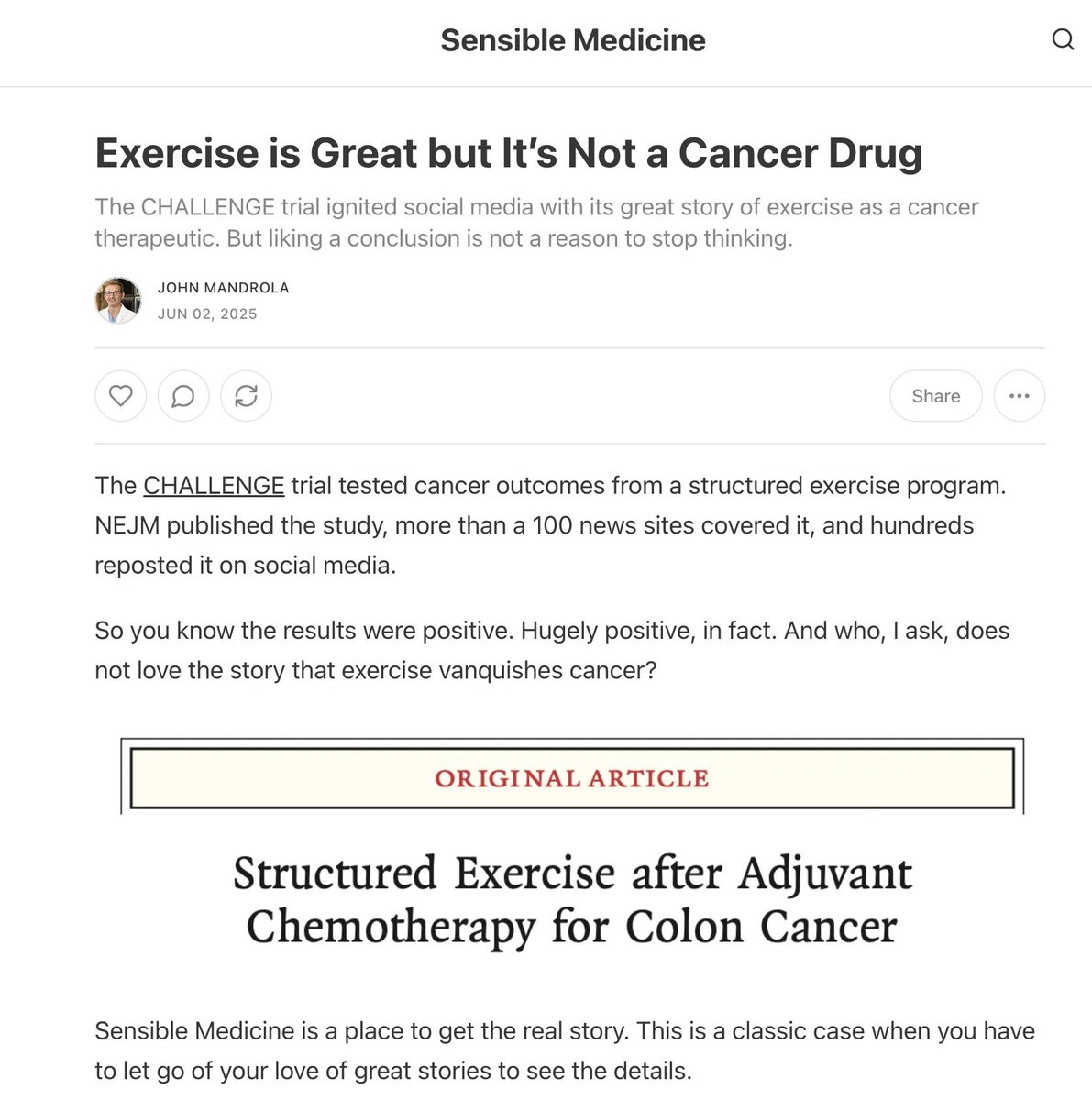John Mandrola, MD (@drjohnm) on Twitter photo Good morning all. After yesterday's excitement about the CHALLENGE exercise trial, here is my critical appraisal on <a href="/Sensible__Med/">Sensible Medicine</a> #ASCO25 Good morning all. After yesterday's excitement about the CHALLENGE exercise trial, here is my critical appraisal on <a href="/Sensible__Med/">Sensible Medicine</a> #ASCO25