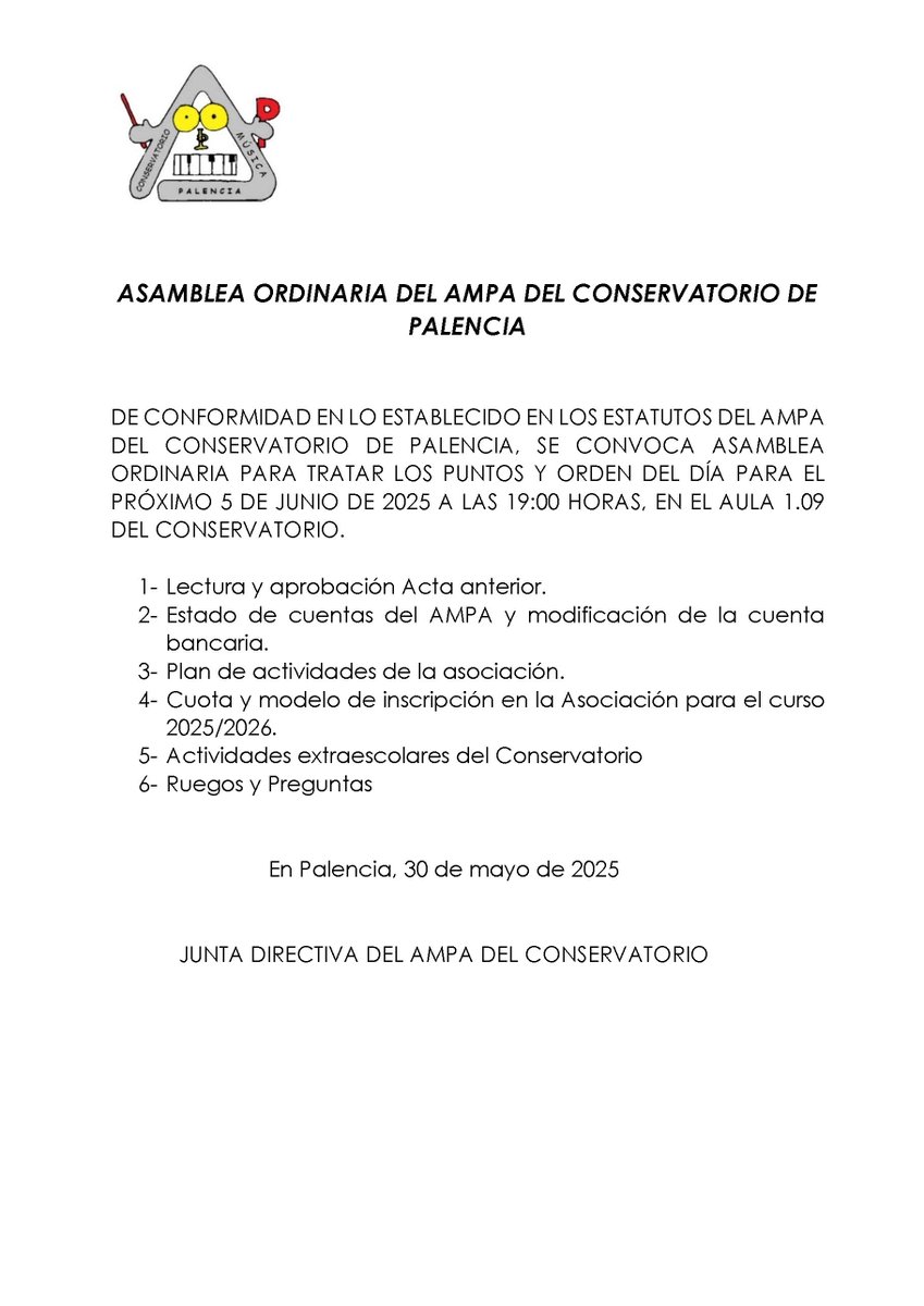 Asamblea Ordinaria del <a href="/AmpaConserpal/">AMPA Conservatorio Palencia</a>