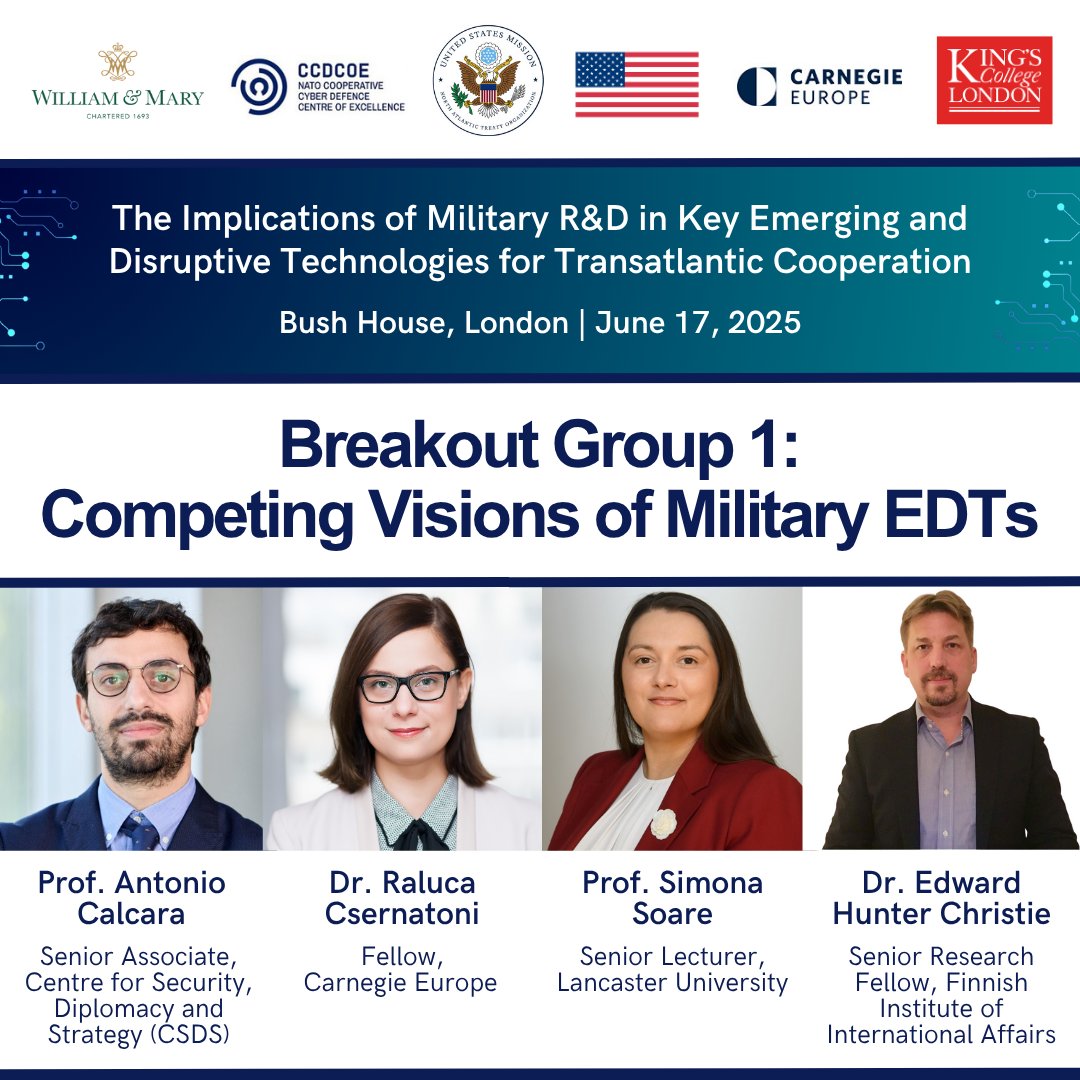 Defence Studies KCL (@dsd_kings) on Twitter photo 📢First breakout group released for June 17's Military R&D workshop: 'Competing Visions of Military EDTs'.
Panelists include <a href="/AntonioCalcara/">Antonio Calcara</a> <a href="/RCsernatoni/">Dr Raluca Csernatoni</a> <a href="/Simona_Soare/">Dr Simona R. Soare</a> <a href="/EHunterChristie/">Edward Hunter Christie</a>
More info on this session 👉 bit.ly/43BVgXf
🎫Tickets: bit.ly/4jZhdGK 📢First breakout group released for June 17's Military R&D workshop: 'Competing Visions of Military EDTs'.
Panelists include <a href="/AntonioCalcara/">Antonio Calcara</a> <a href="/RCsernatoni/">Dr Raluca Csernatoni</a> <a href="/Simona_Soare/">Dr Simona R. Soare</a> <a href="/EHunterChristie/">Edward Hunter Christie</a>
More info on this session 👉 bit.ly/43BVgXf
🎫Tickets: bit.ly/4jZhdGK