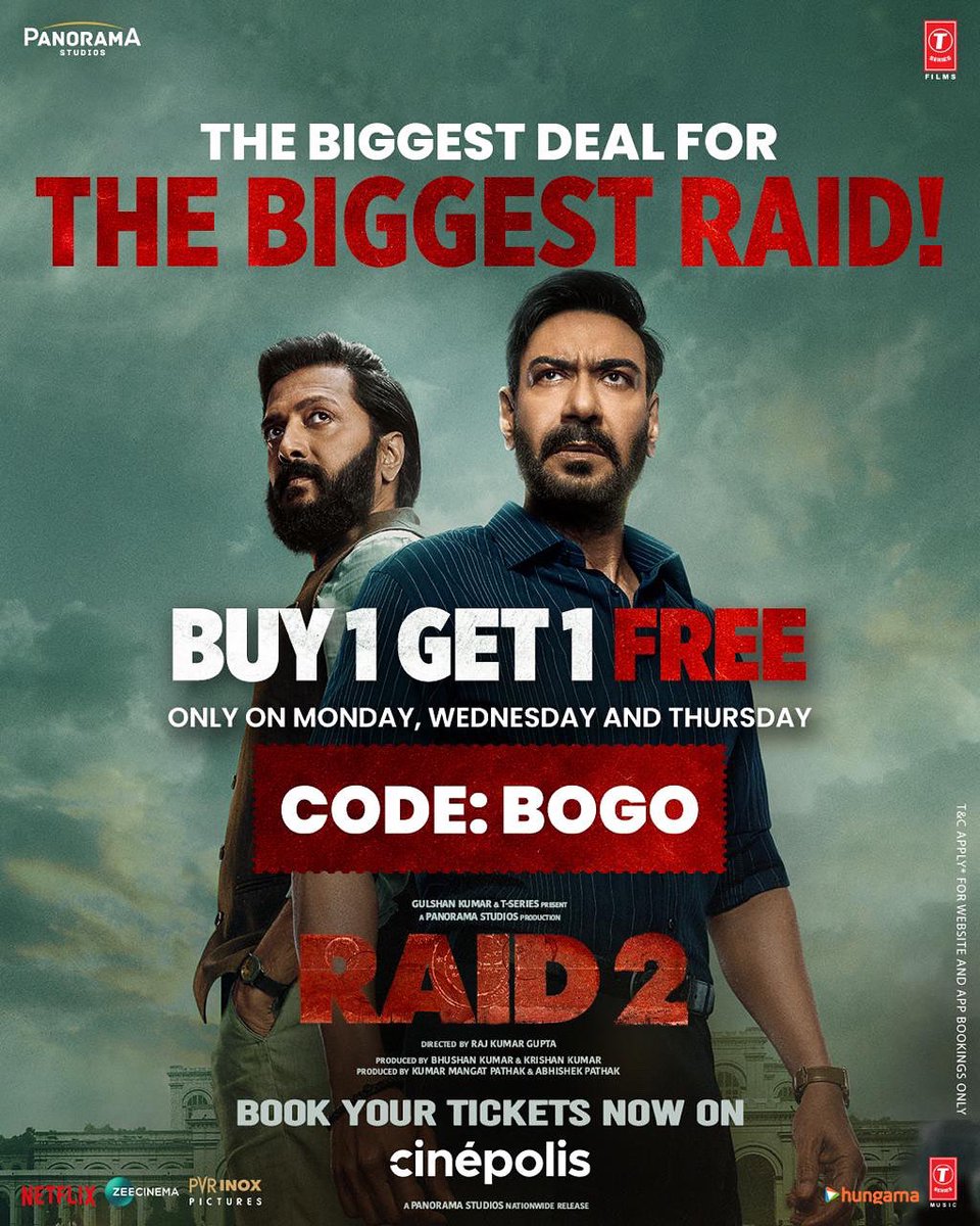 Buy 1 Get 1 Free on RAID 2 Tickets! 💥

Why wait for the weekend when you can double the flavor midweek?

Catch the explosive sequel that’s bigger and bolder. 

On Mondays, Wednesdays, and Thursdays, when you buy a ticket, the second one’s free, only at Cinépolis!

 #Cinépolis