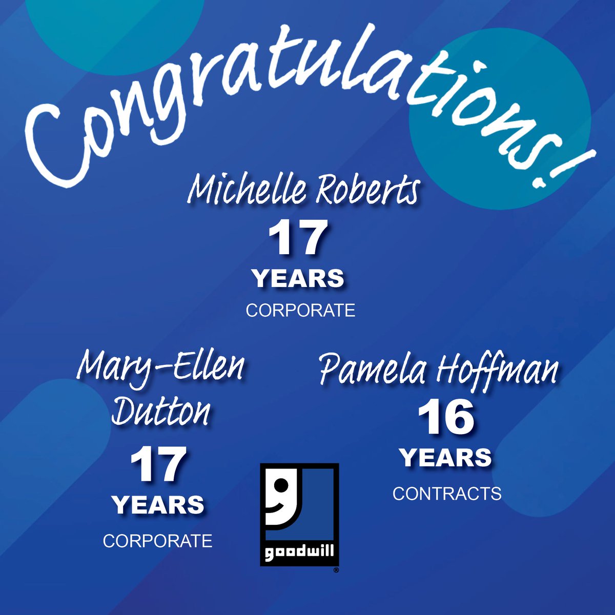 MarionGoodwill's tweet image. 🎉 Celebrating Work Anniversaries! Join us in congratulating three incredible team members on their years of dedication and service to Goodwill:
👏 Michelle Roberts, President &amp;amp; CEO – 17 years
👏 Mary Ellen Dutton – 17 years
👏 Pamela Hoffman – 16 years
 #TeamGoodwill