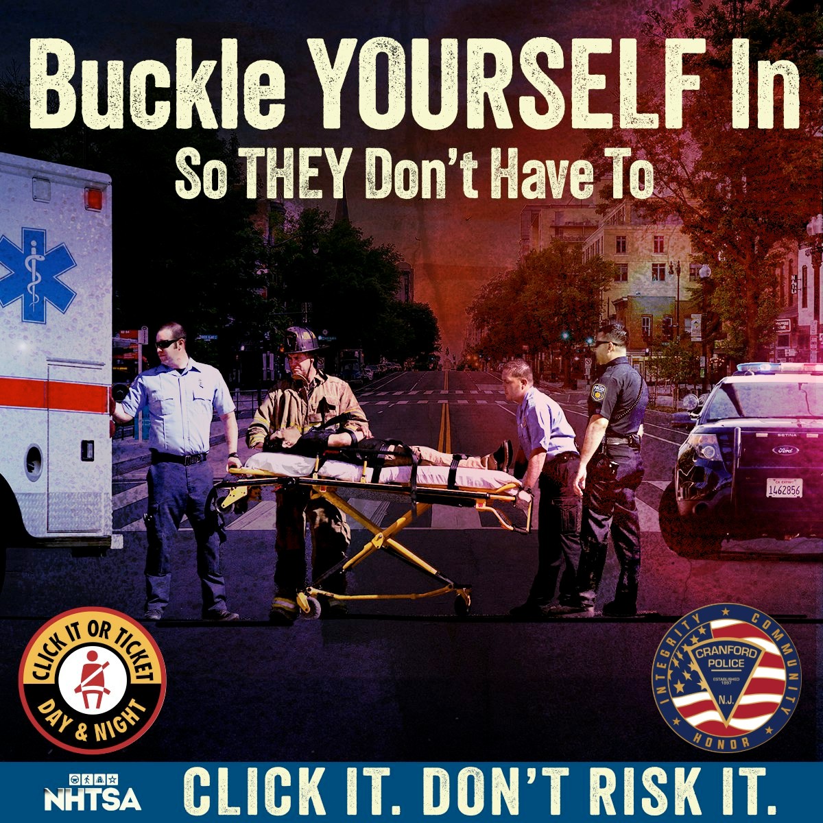 Your safety is our priority.  That's why the Cranford Police Department is joining law enforcement agencies across the country in supporting the Click It or Ticket campaign.  #ClickItOrTicket #BuckleUp #DriveSafe #SeatbeltSafety
