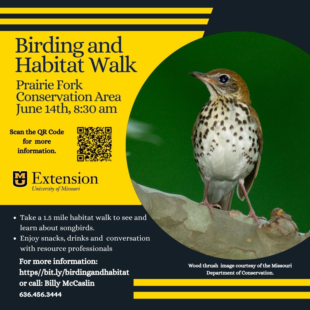 Immerse yourself in nature among beautiful songbirds. Join us for the 1.5 mile Birding and Habitat Walk at Prairie Fork Conservation Area in Williamsburg, MO on June 14th. Register online at bit.ly/birdingandhabi…. Call Billy McCaslin with questions: 636-456-3444.