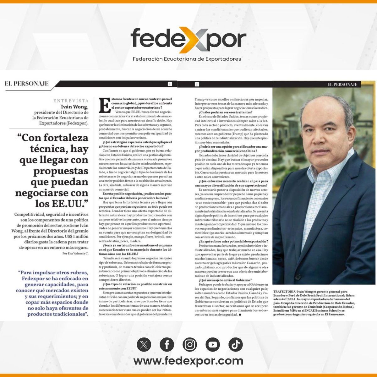 FEDEXPOR (@fedexpor) on Twitter photo “Con fortaleza técnica, hay que llegar con propuestas que puedan negociarse con los EE.UU; no todo puede ser retórica.”
En un espacio de diálogo con <a href="/AmericaEconoEc/">América Economia Ec</a>, Iván Wong, Presidente del Directorio de FEDEXPOR, abordó cuáles son los principales desafíos del sector “Con fortaleza técnica, hay que llegar con propuestas que puedan negociarse con los EE.UU; no todo puede ser retórica.”
En un espacio de diálogo con <a href="/AmericaEconoEc/">América Economia Ec</a>, Iván Wong, Presidente del Directorio de FEDEXPOR, abordó cuáles son los principales desafíos del sector
