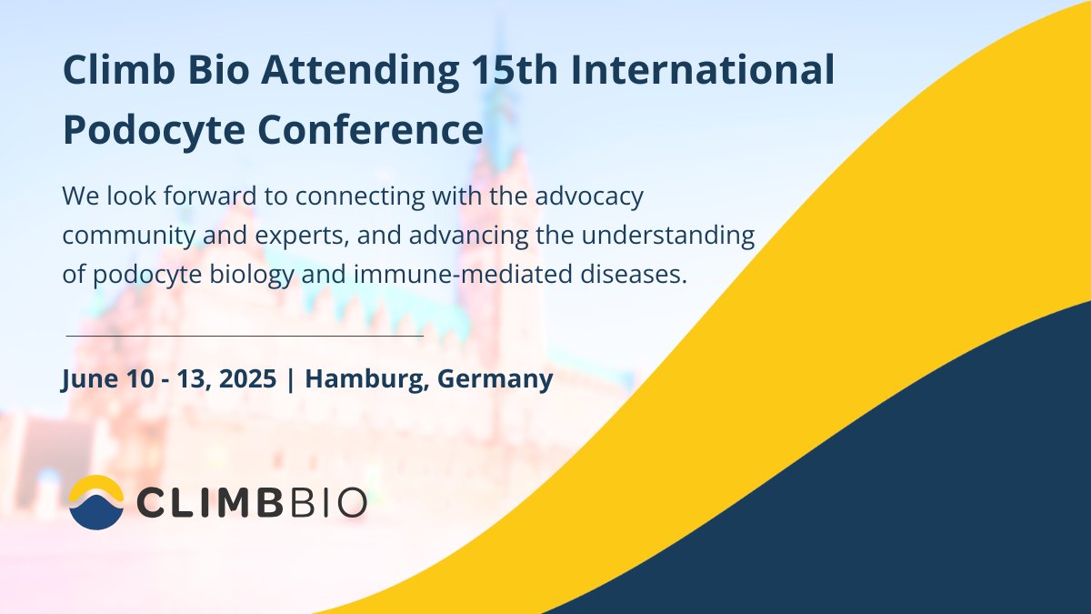 ClimbBio's tweet image. Climb Bio is excited to attend the 15th International Podocyte Conference &amp;amp; ISGD Meeting 2025 in Hamburg. Looking forward to connecting with experts &amp;amp; patient advocates.

#PodocyteConference #ISGD2025 #ClimbBio #Biotech #Immunology