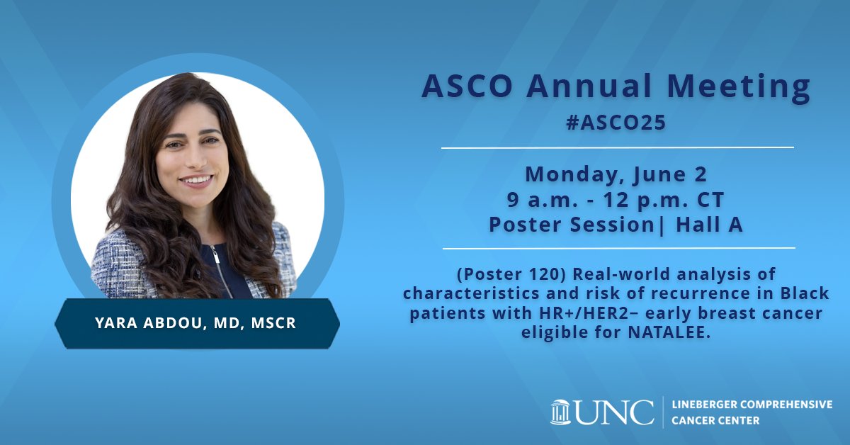 UNC Lineberger (@unc_lineberger) on Twitter photo At #ASCO25 this morning, Yara Abdou (<a href="/YAbdouMD/">Yara Abdou, MD, MSCR</a>), MD, MSCR, will present at the poster session: (Poster 120) Real-world analysis of characteristics and risk of recurrence in Black patients (pts) with HR+/HER2− early breast cancer eligible for NATALEE.
⌚️: 9 a.m. - 12 p.m. CT At #ASCO25 this morning, Yara Abdou (<a href="/YAbdouMD/">Yara Abdou, MD, MSCR</a>), MD, MSCR, will present at the poster session: (Poster 120) Real-world analysis of characteristics and risk of recurrence in Black patients (pts) with HR+/HER2− early breast cancer eligible for NATALEE.
⌚️: 9 a.m. - 12 p.m. CT