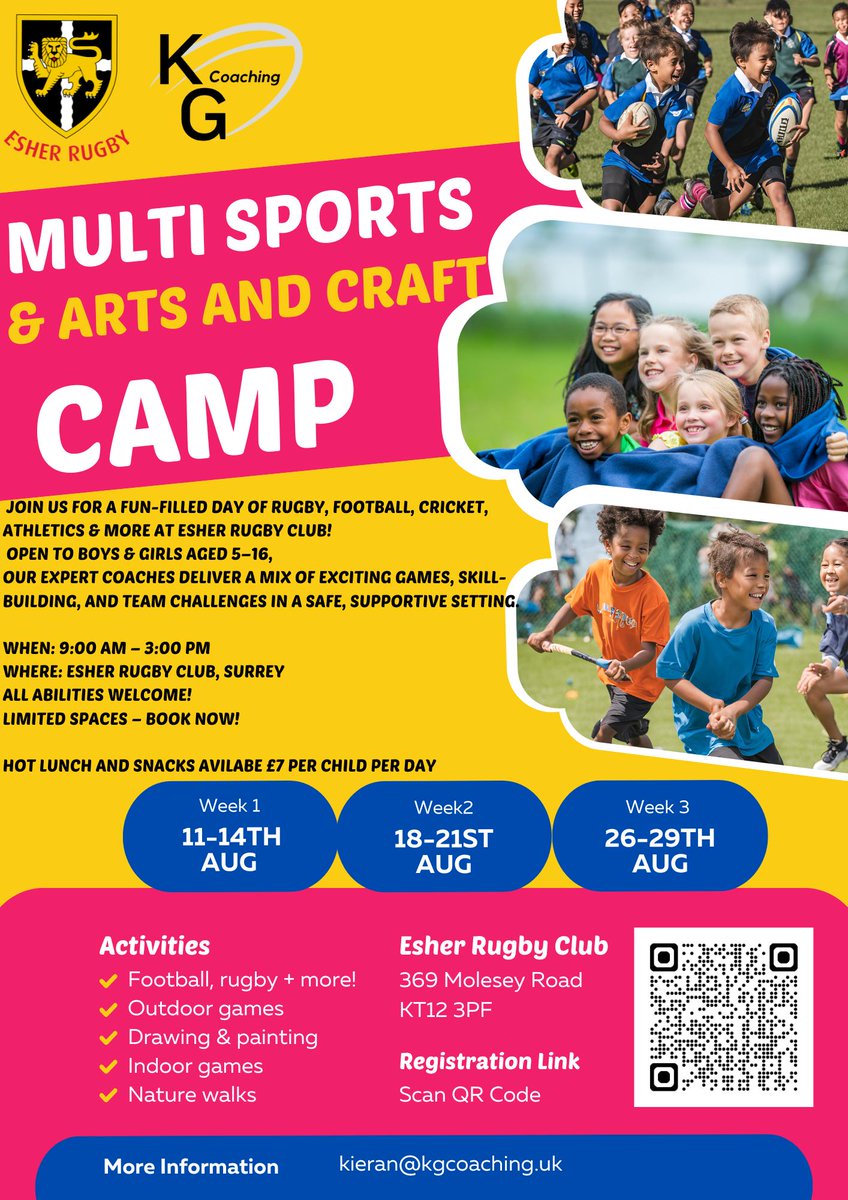 Welcome to the Multi-Sports &amp; Arts and Crafts Camp at Esher Rugby Club!