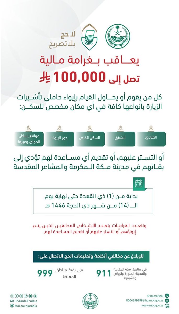 يعاقب بغرامة مالية تصل إلى (100,000) ريال، كل من يقوم أو يحاول القيام بإيواء حاملي تأشيرات الزيارة بأنواعها كافة في أي مكان مخصص للسكن أو التستر عليهم، أو تقديم أي مساعدة لهم تؤدي إلى بقائهم في مدينة مكة المكرمة والمشاعر المقدسة.

⁧#لا_حج_بلا_تصريح
