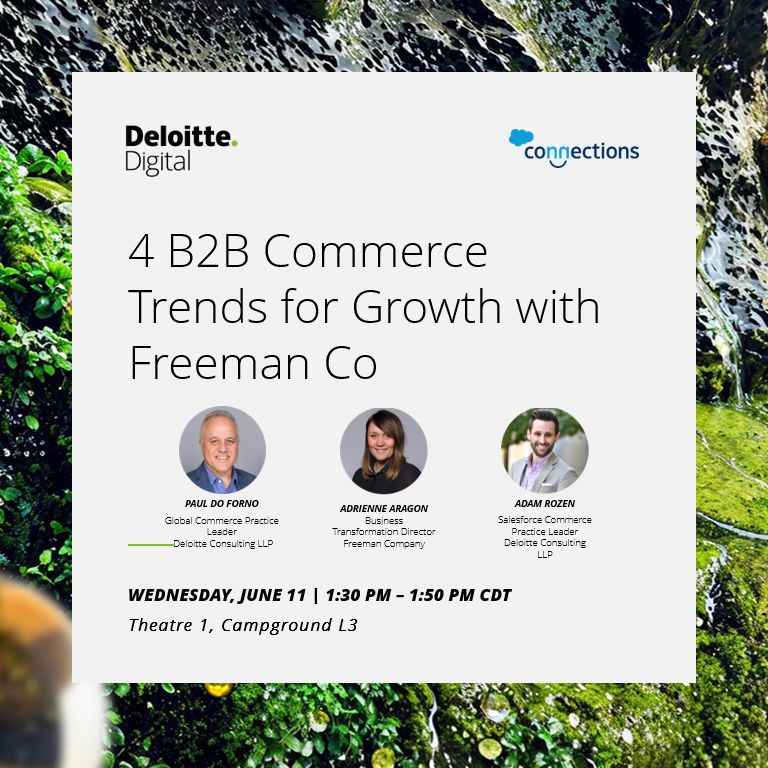Paul do Forno π πΊπΈπ¨π¦π΅πΉ (@dofornop) on Twitter photo Heading to @Salesforce Connections in Chicago June 10-12th ...
Catch our Presentation with Freeman Company executive Adrienne Aragon and my <a href="/DeloitteDigital/">Deloitte Digital</a> colleague Adam Rozen
Discussing all things B2B Commerce
ποΈ Wednesday June 11th 1:30pm - 1:50pm CDT
Theater 1 Campground 3 Heading to @Salesforce Connections in Chicago June 10-12th ...
Catch our Presentation with Freeman Company executive Adrienne Aragon and my <a href="/DeloitteDigital/">Deloitte Digital</a> colleague Adam Rozen
Discussing all things B2B Commerce
ποΈ Wednesday June 11th 1:30pm - 1:50pm CDT
Theater 1 Campground 3