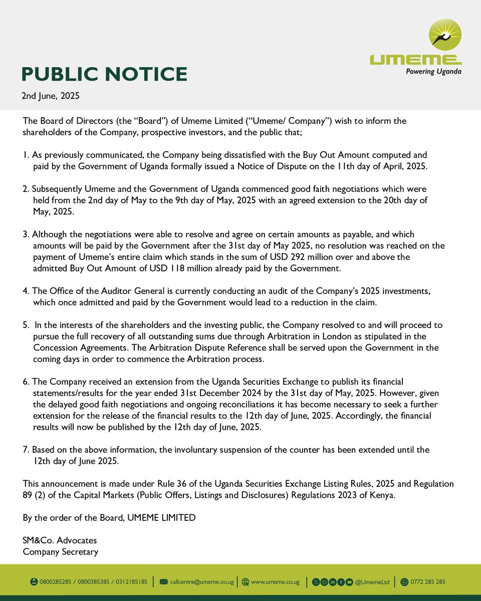 The Board of Directors of Umeme Limited wish to inform the shareholders of the Company, prospective investors, and the public that...

[PUBLIC NOTICE]