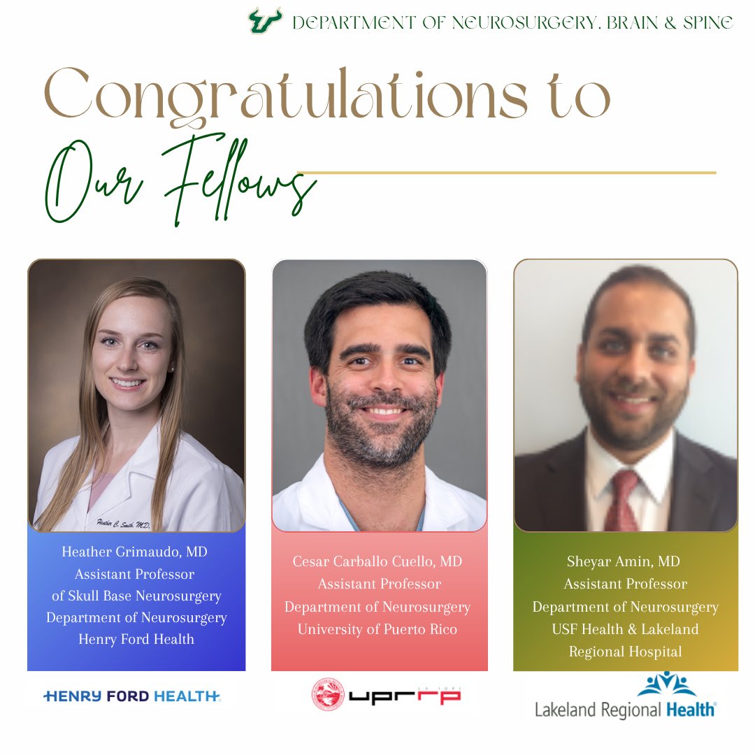 Wrapping up our grad series with a big congrats to our #USFNeurosurgery Fellows!

Drs. Grimaudo, Carballo Cuello &amp; Amin are off to exciting faculty roles—thank you for your impact and excellence!

#Neurosurgery #Fellowship #Graduation2025 #USFHealth #FutureLeaders